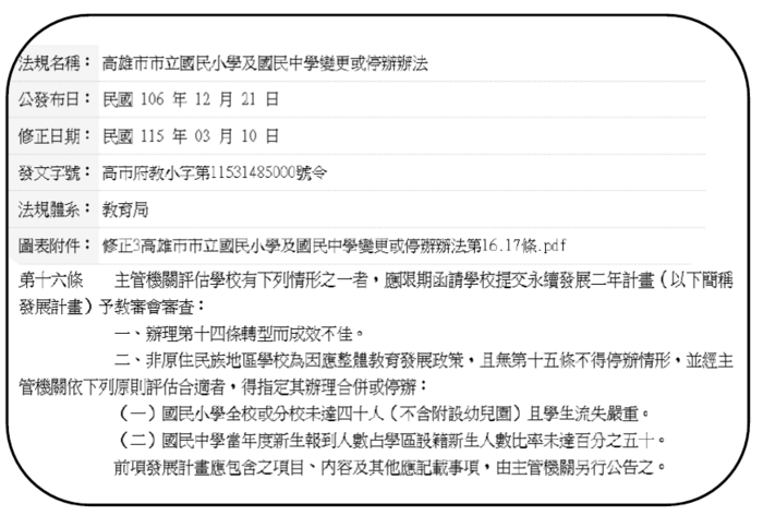 高雄市市立國民小學及國民中學變更或停辦辦法