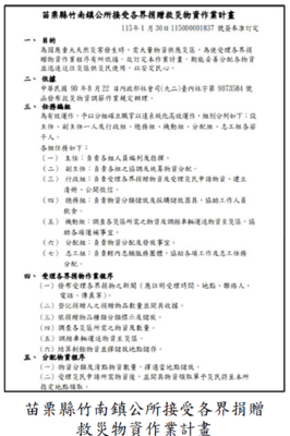 苗栗縣竹南鎮公所接受各界捐贈救災物資作業計畫