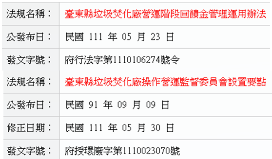 臺東縣焚化廠營運相關自治條例