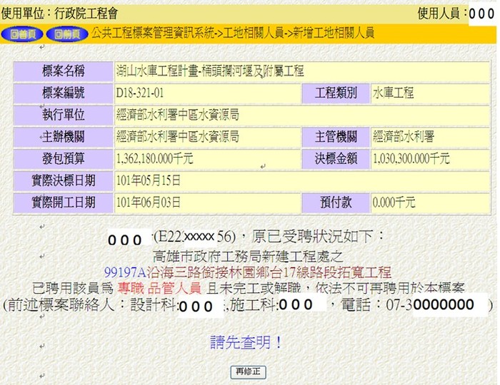 公共工程工地相關人員違規(約)兼職情形