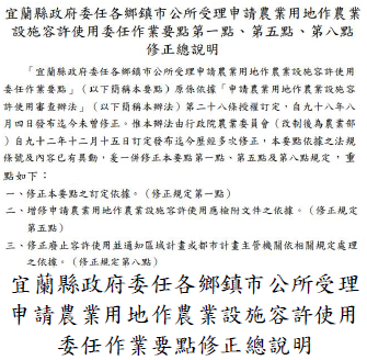 宜蘭縣政府委任各鄉鎮市公所受理申請農業用地作農業設施容許使用委任作業要點 修正 總說明