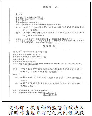 文化部、 教育部所監督行政法人採購作業規章訂定之原則性規範圖片