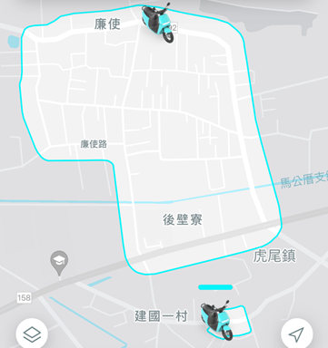共享電動機車於雲林縣虎尾鎮廉使村服務區域