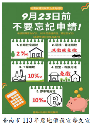 臺南市113年度地價稅宣導文宣