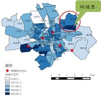 民國105年度嘉義市機構式喘息服務分布與老人人口關係圖
