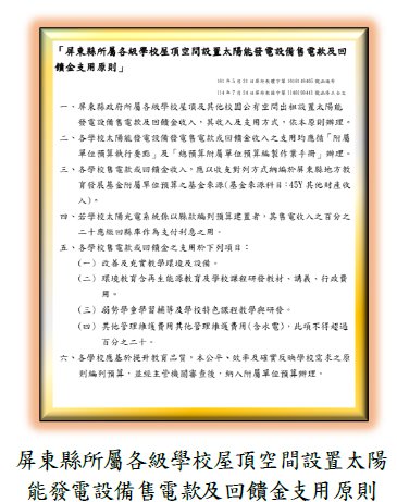 屏東縣所屬各級學校屋頂空間設置太陽能發電設備售電款及回饋金支用原則