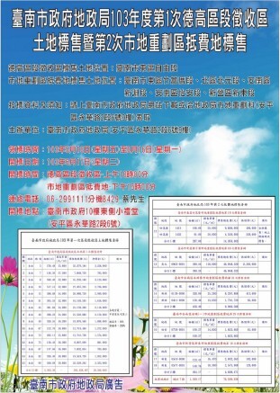 臺南市政府地政局抵費地標售宣傳海報