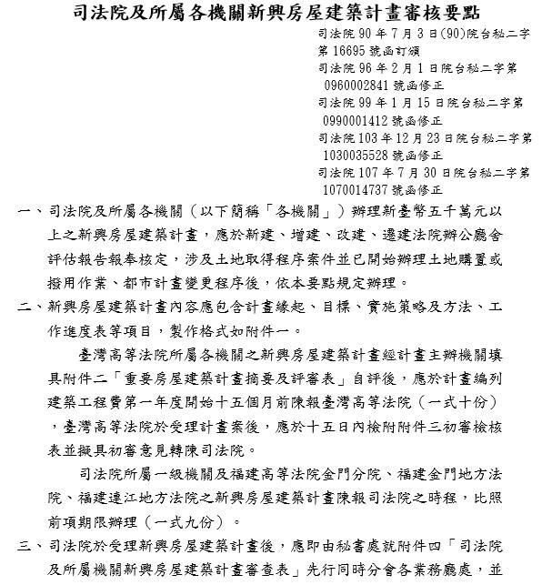 司法院及所屬各機關新興房屋建築計畫審核要點修正情形