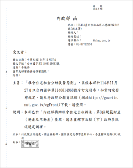 內政部訂定發布社會住宅租金分級收費原則