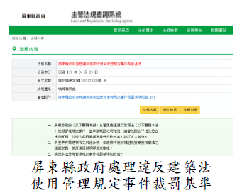 屏東縣政府尚未訂定建築物公共安全、室內裝修、昇降設備違反建築法統一裁罰基準，審計機關促請改善，已訂定，減少裁罰爭議圖片