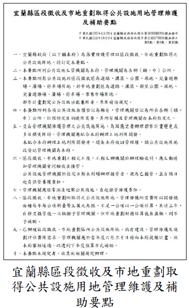 宜蘭縣區段徵收及市地重劃取得公共設施用地管理維護及補助要點
