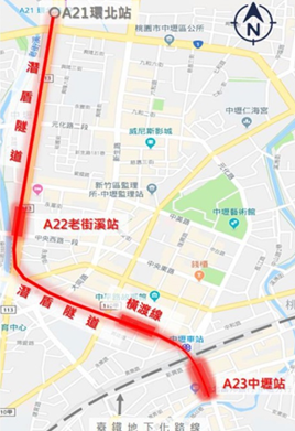 A21站至A23站路線示意圖