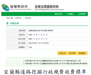 宜蘭縣道路挖掘行政規費收費標準