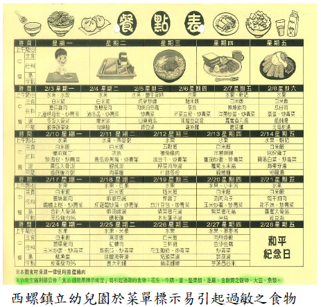西螺鎮立幼兒園於菜單標示易引起過敏之食物