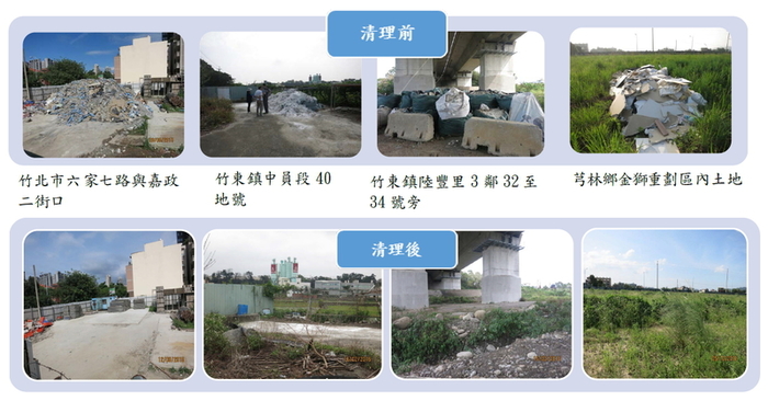 新竹縣轄區內遭非法棄置垃圾場址清理前及清運後狀況