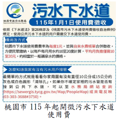 桃園市115年起開徵污水下水道使用費
